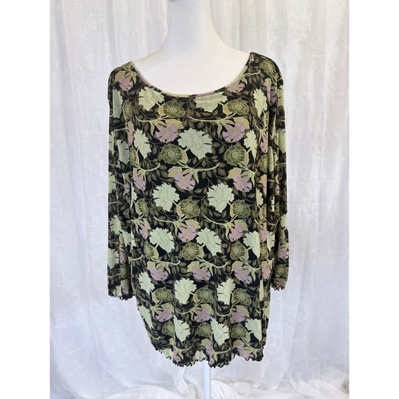 Apostrophe Tops - Apostrophe Woman Floral Mesh Tunic Top Plus Size 24-26W Green Purple Lettuce Hem